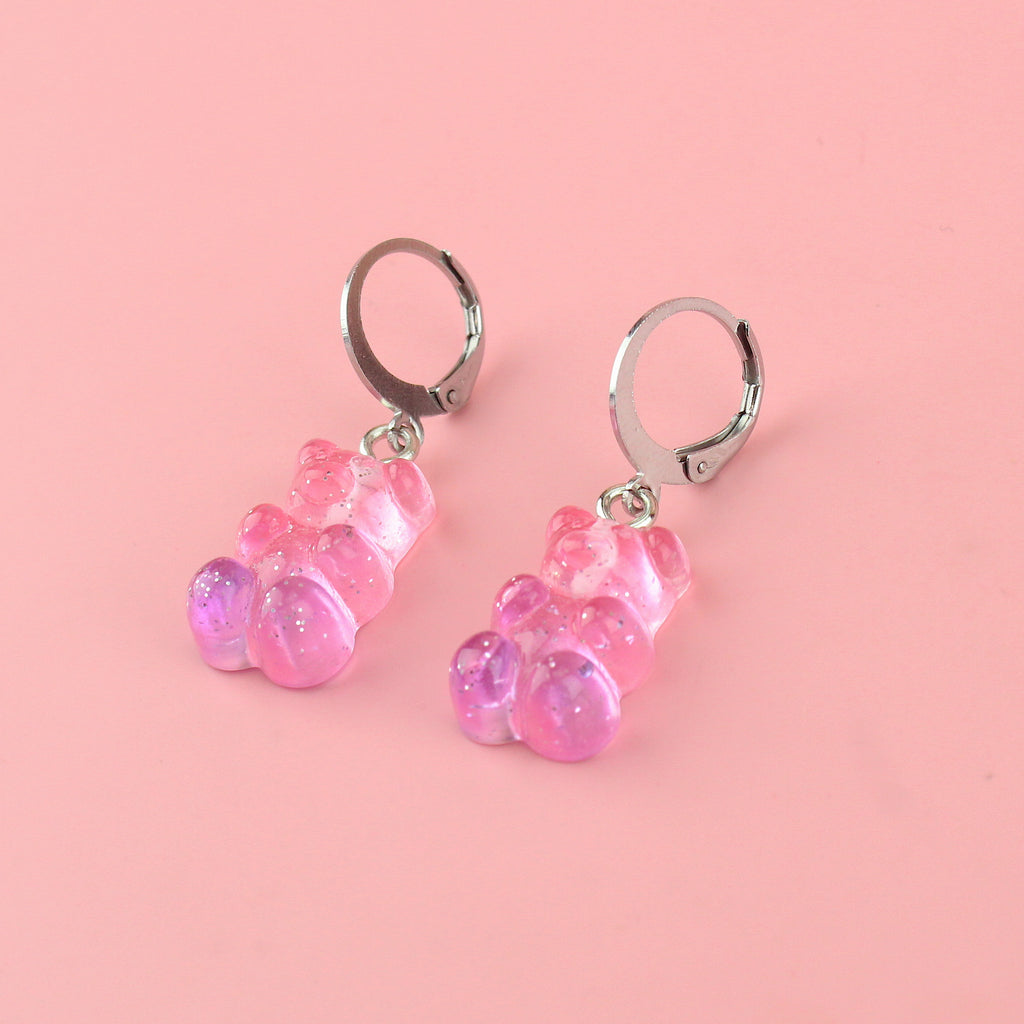Pink and purple ombre gummy bear glittery charms on stainless steel huggie hoops