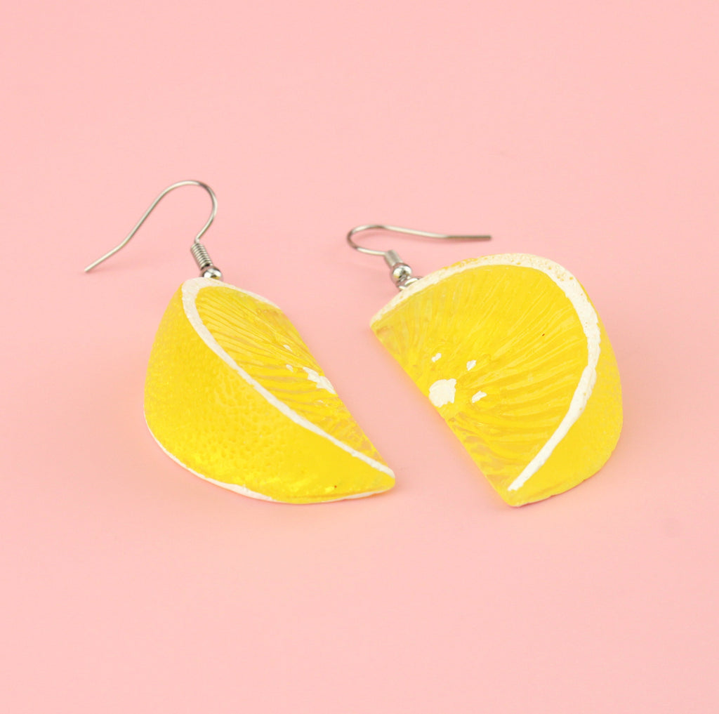 Lemon segment charms on stainless steel earwires