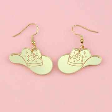 Let's Go Girls Gold Cowgirl Hat Earrings - Sour Cherry