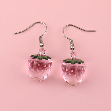 Translucent pink strawberry charm on stainless steel earwires