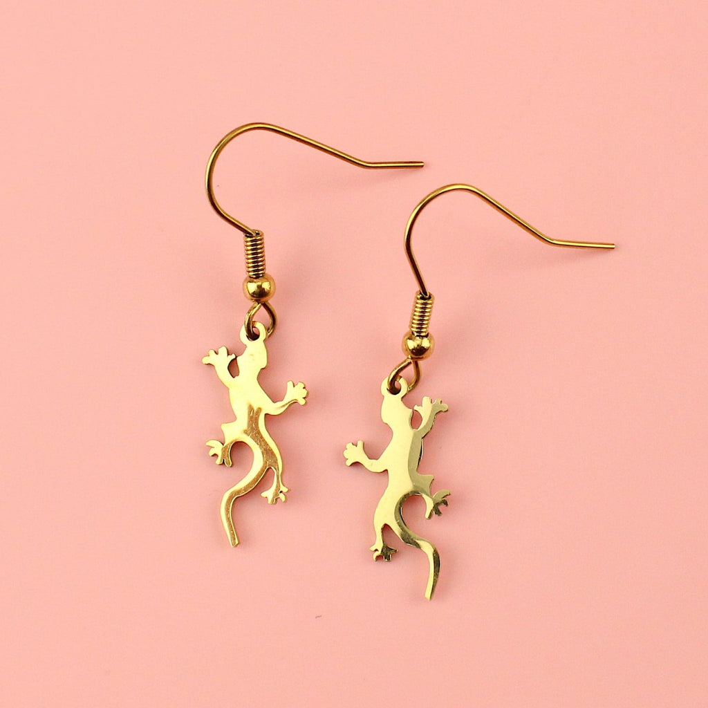 Gold plated stainless steel lizard-shaped charms on stainless steel earwires