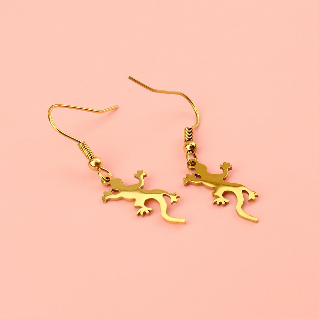 Gold plated stainless steel lizard-shaped charms on stainless steel earwires