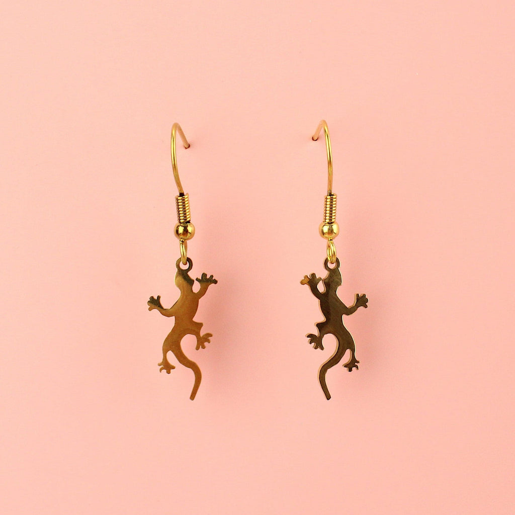 Gold plated stainless steel lizard-shaped charms on stainless steel earwires