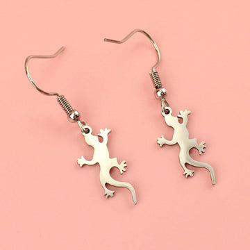 Stainless steel lizard-shaped charms on stainless steel earwires