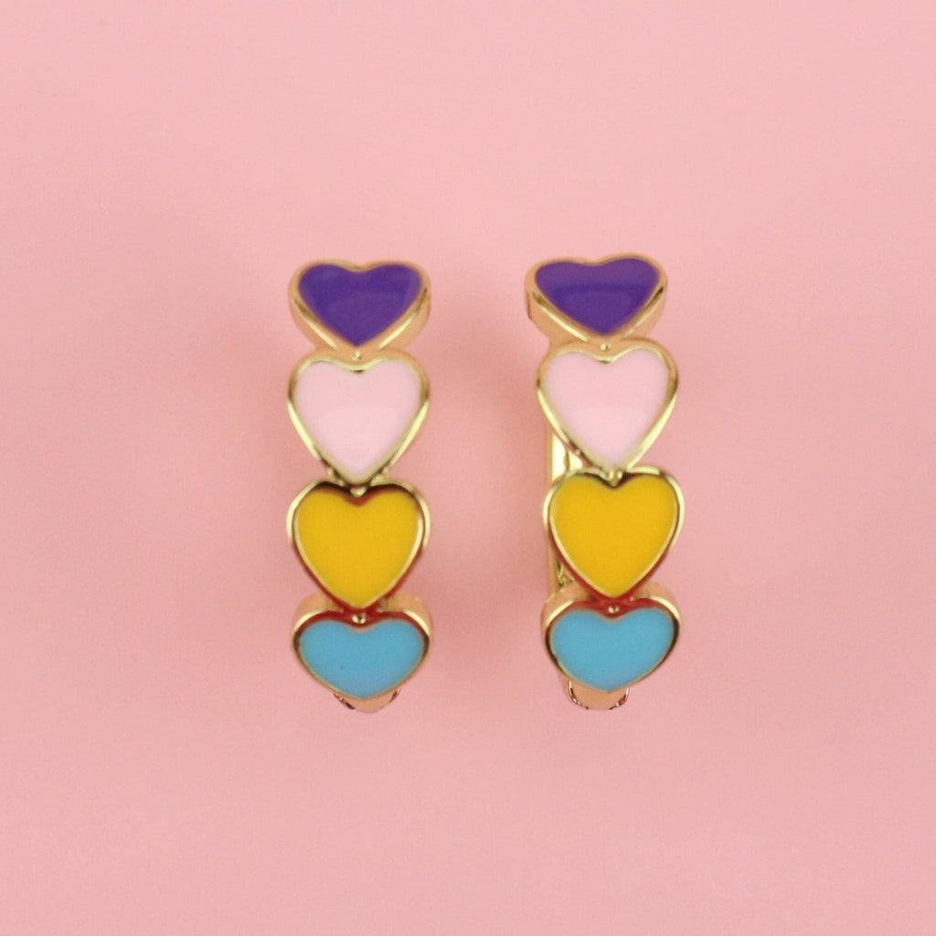 Gold plated brass hoop with purple, pink, orange and blue hearts