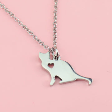 Cat pendant with cut out heart on a stainless steel chain