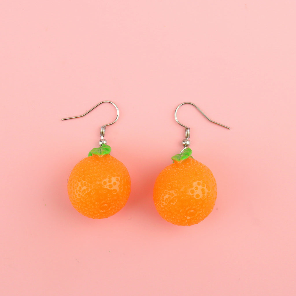 Orange fruit charms on stainless steel earwires