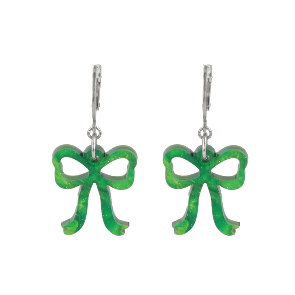 Mini Marble Green Bow Huggie Hoop Earrings - Sour Cherry