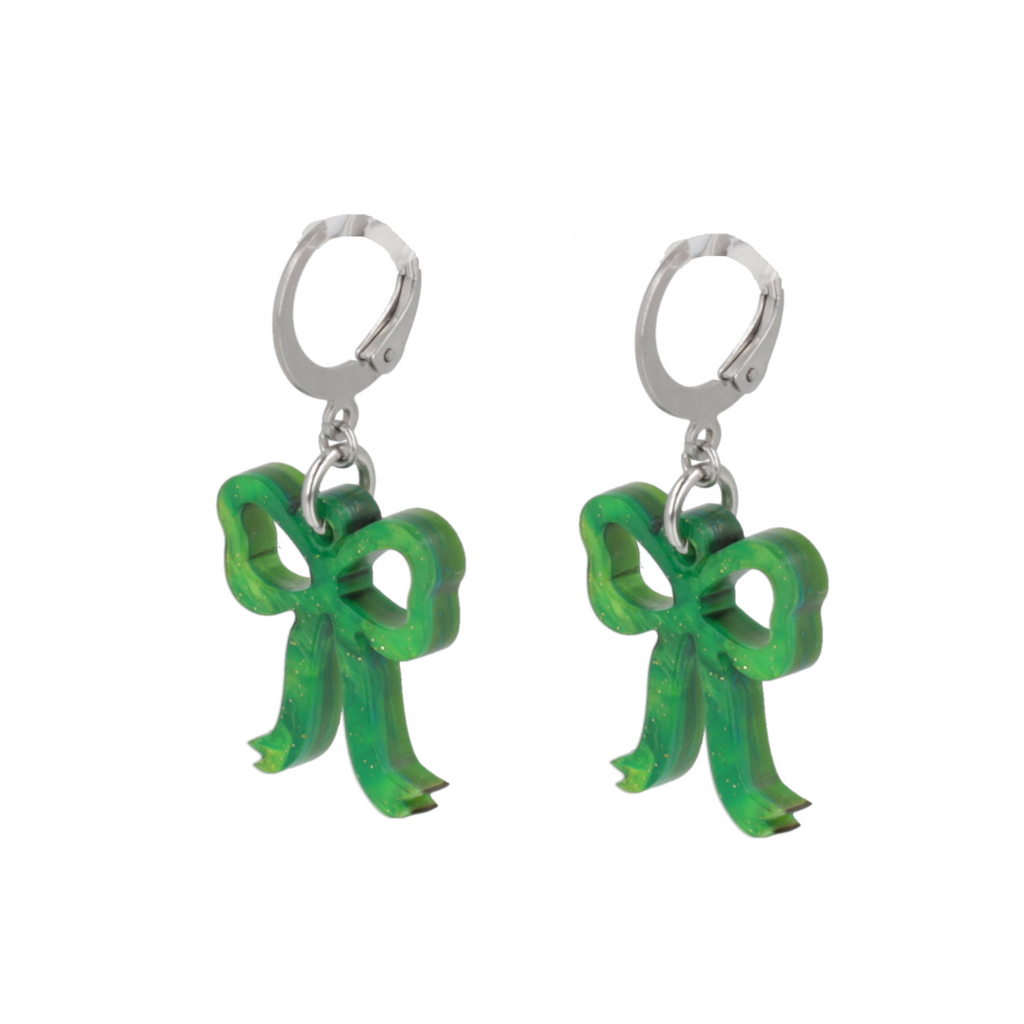 Mini Marble Green Bow Huggie Hoop Earrings - Sour Cherry