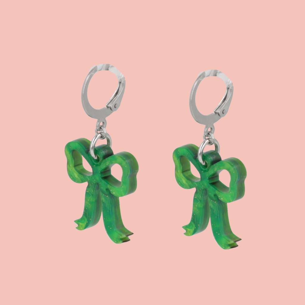 Mini Marble Green Bow Huggie Hoop Earrings - Sour Cherry