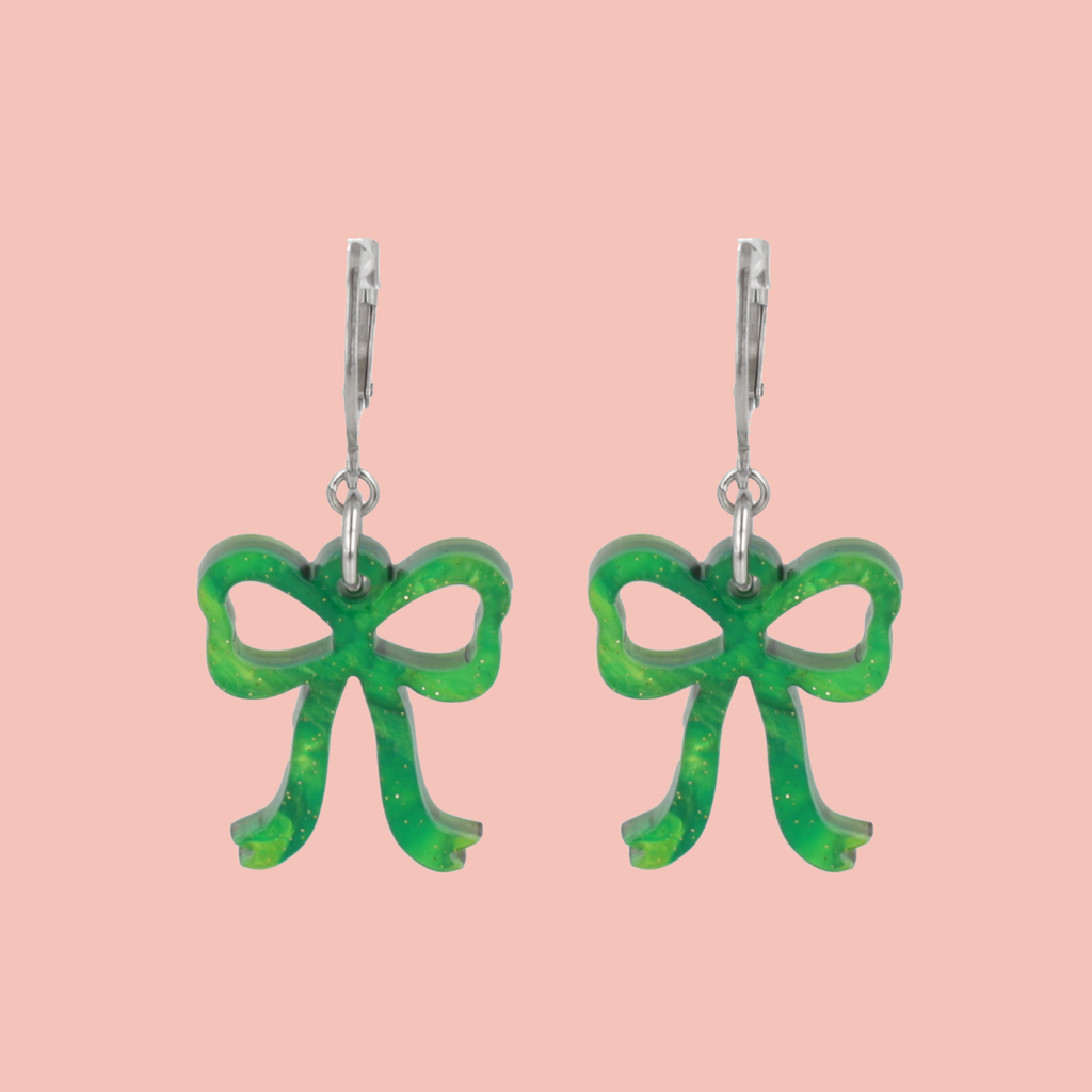 Mini Marble Green Bow Huggie Hoop Earrings - Sour Cherry