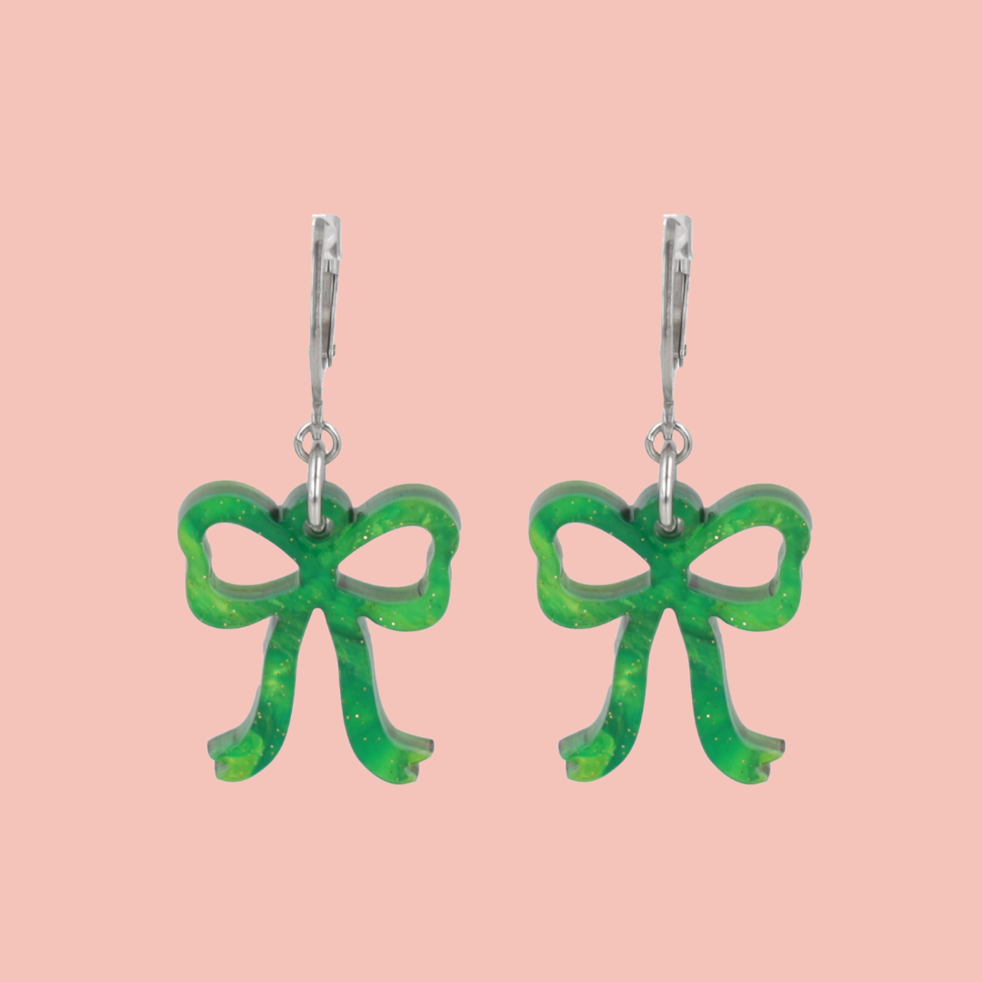 Mini Marble Green Bow Huggie Hoop Earrings - Sour Cherry