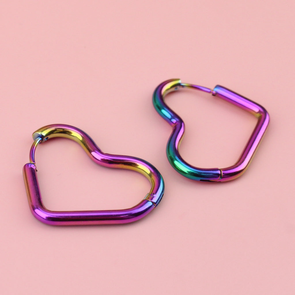 Rainbow heart-shaped stainless steel hoops 