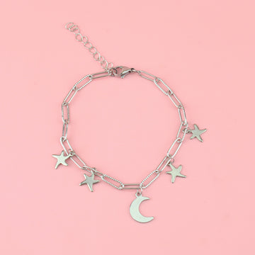 Oval link chain with stainless steel star and moon charms on