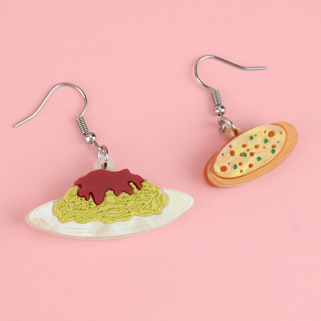 acrylic charms that feature a delicious plate of spag bol and garlic bread on stainless steel earwires