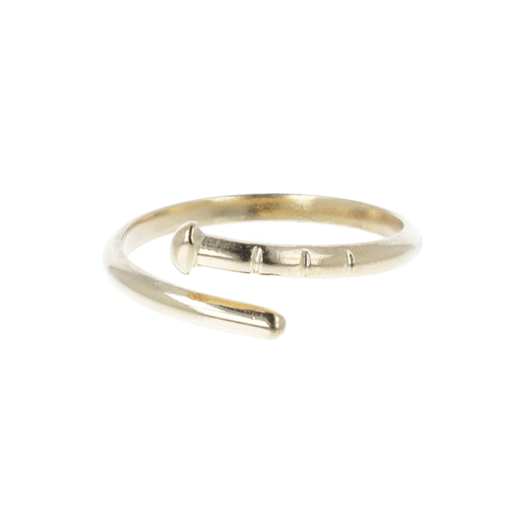 Gold plated stainless steel ring in the shape of a nail with a loop dee loop design