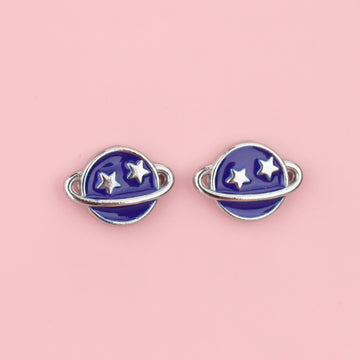 stainless steel neptune planet stud earrings with blue enamel and two stars on the top half of the planet