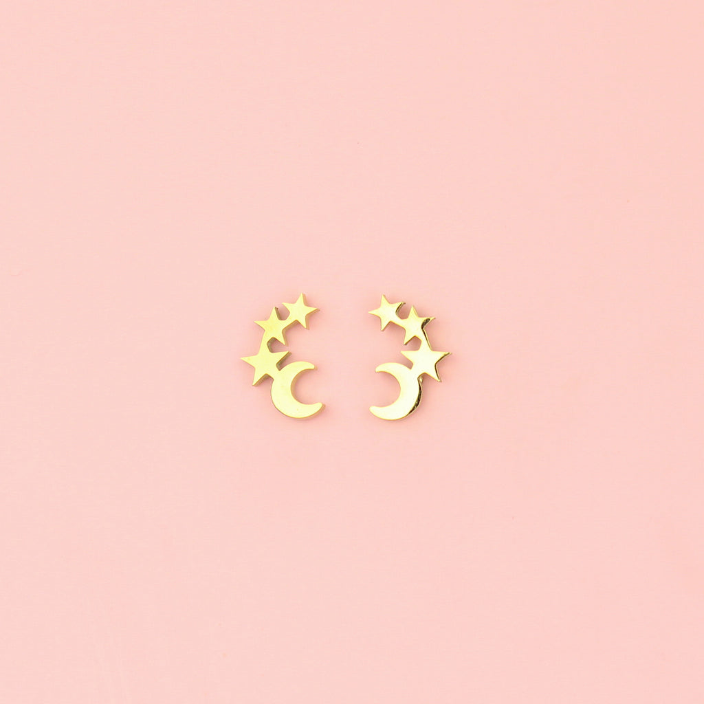 Gold plated stainless steel studs featuring a crescent moon and three stars