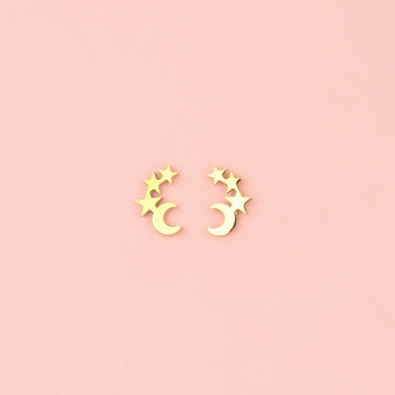 Gold plated stainless steel studs featuring a crescent moon and three stars