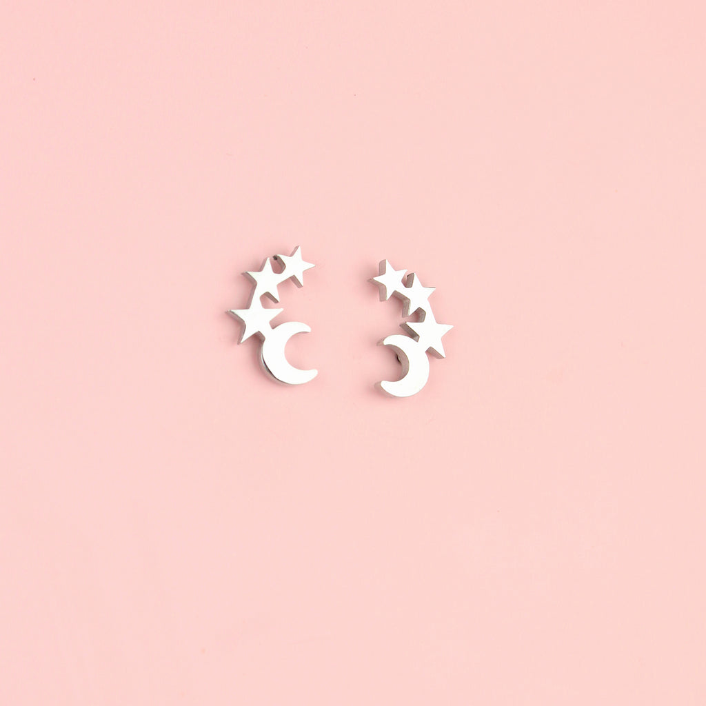 Stainless steel stud earrings featuring a crescent moon with three stars