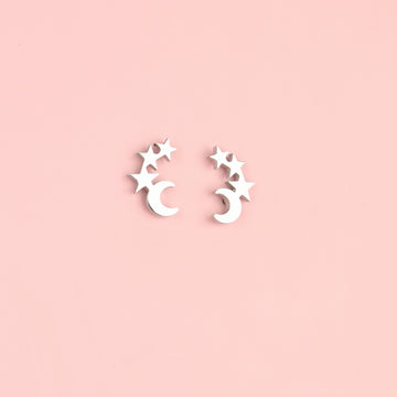 Stainless steel stud earrings featuring a crescent moon with three stars