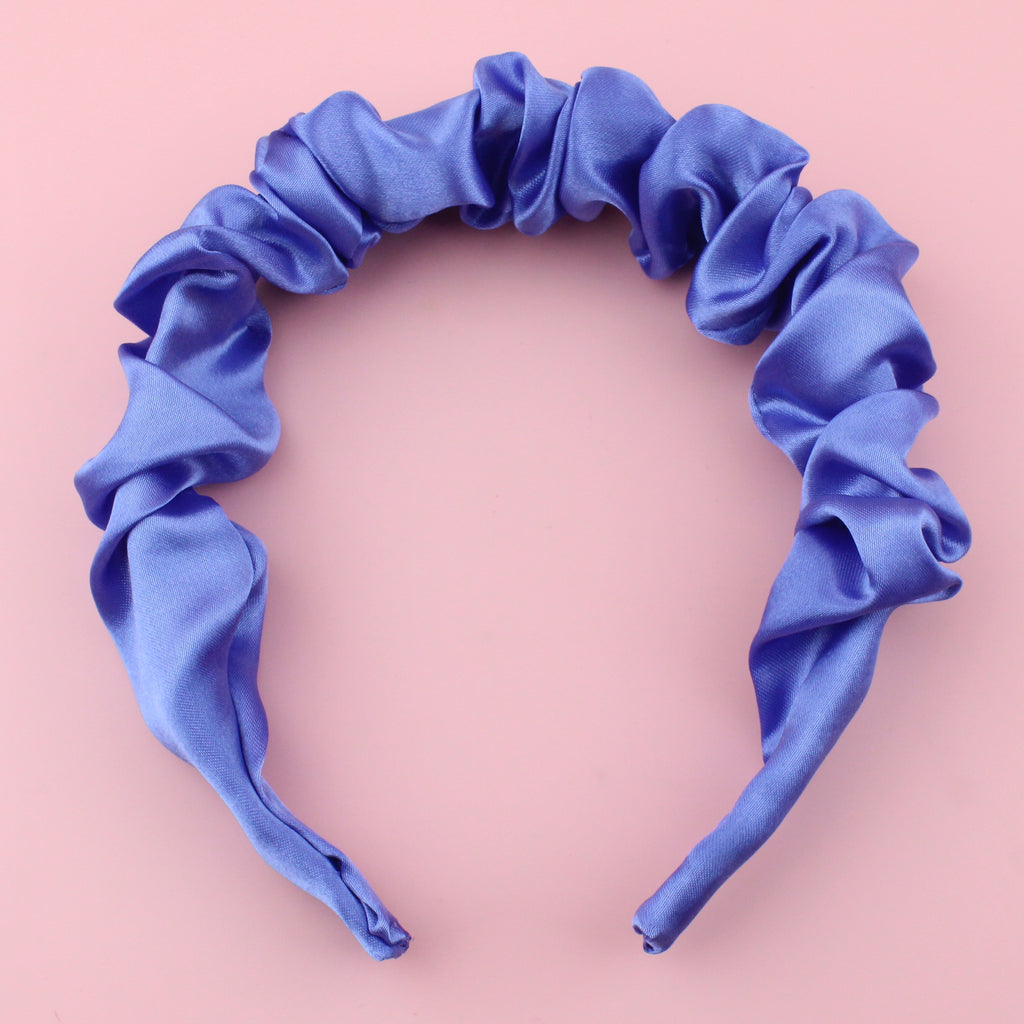 Periwinkle coloured satin scrunchie style headband