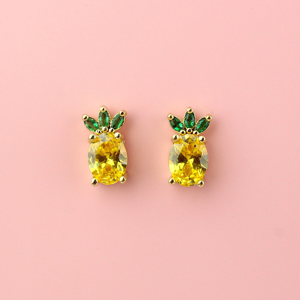 Pineapple shaped studs made from 16k gold plated base metal and cubic zirconia stones