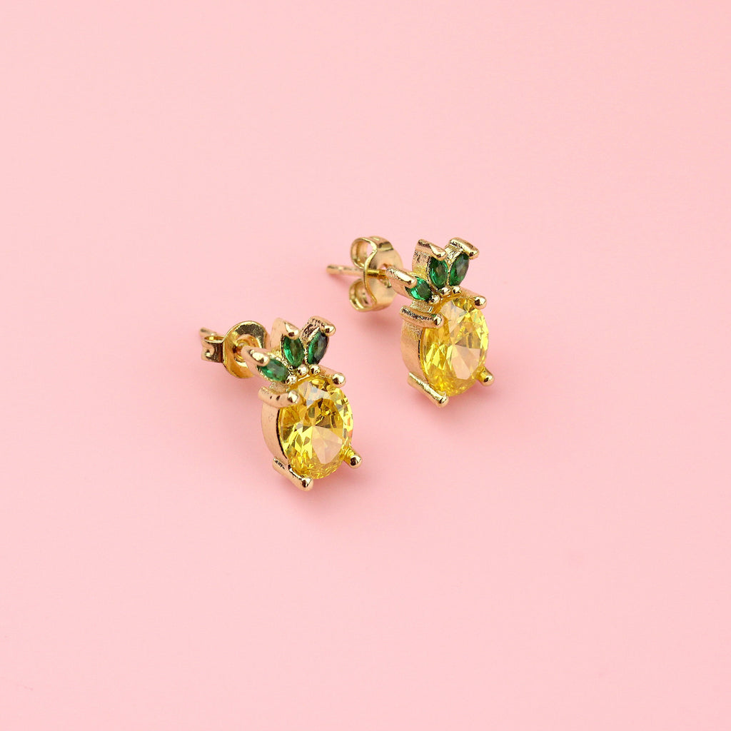 Pineapple shaped studs made from 16k gold plated base metal and cubic zirconia stones