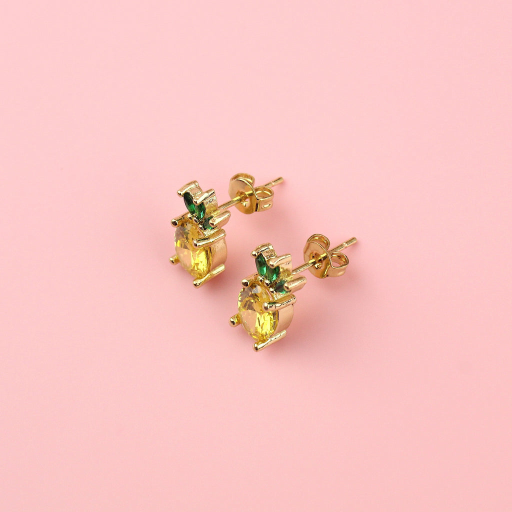 Pineapple shaped studs made from 16k gold plated base metal and cubic zirconia stones