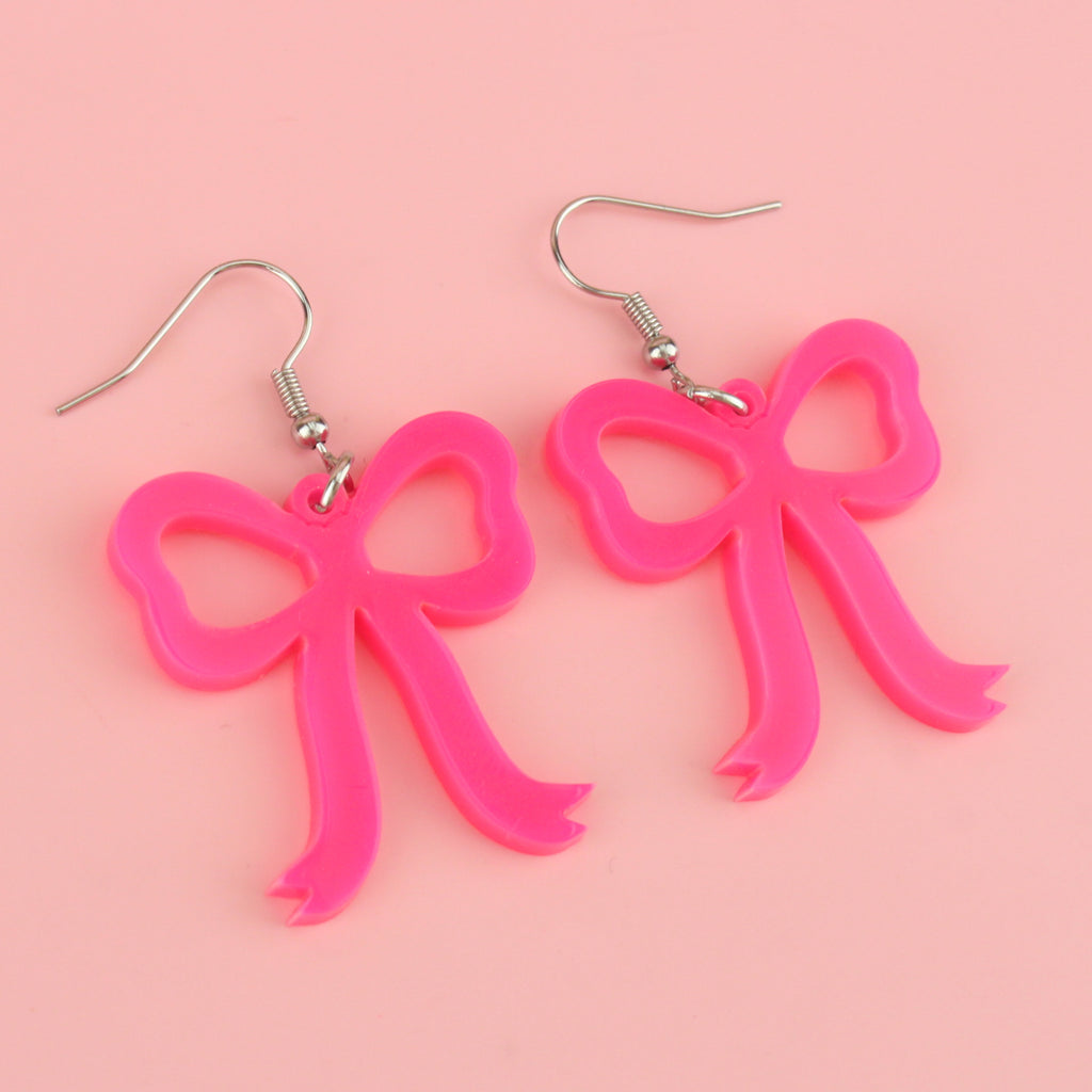 Hot Pink Bow Charms on stainles steel earwires