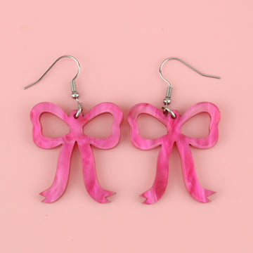 Pink marble bow shaped charms on stainless steel earwires