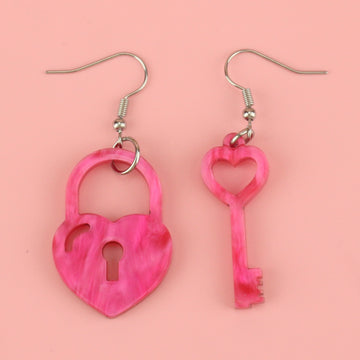 Pink marble heart padlock and key charms on stainless steel earwires