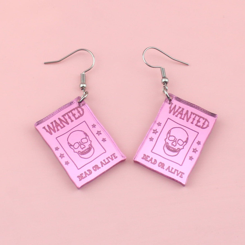 Pink mirror acrylic "Wanted Dead or Alive" charms on stainless steel earwires