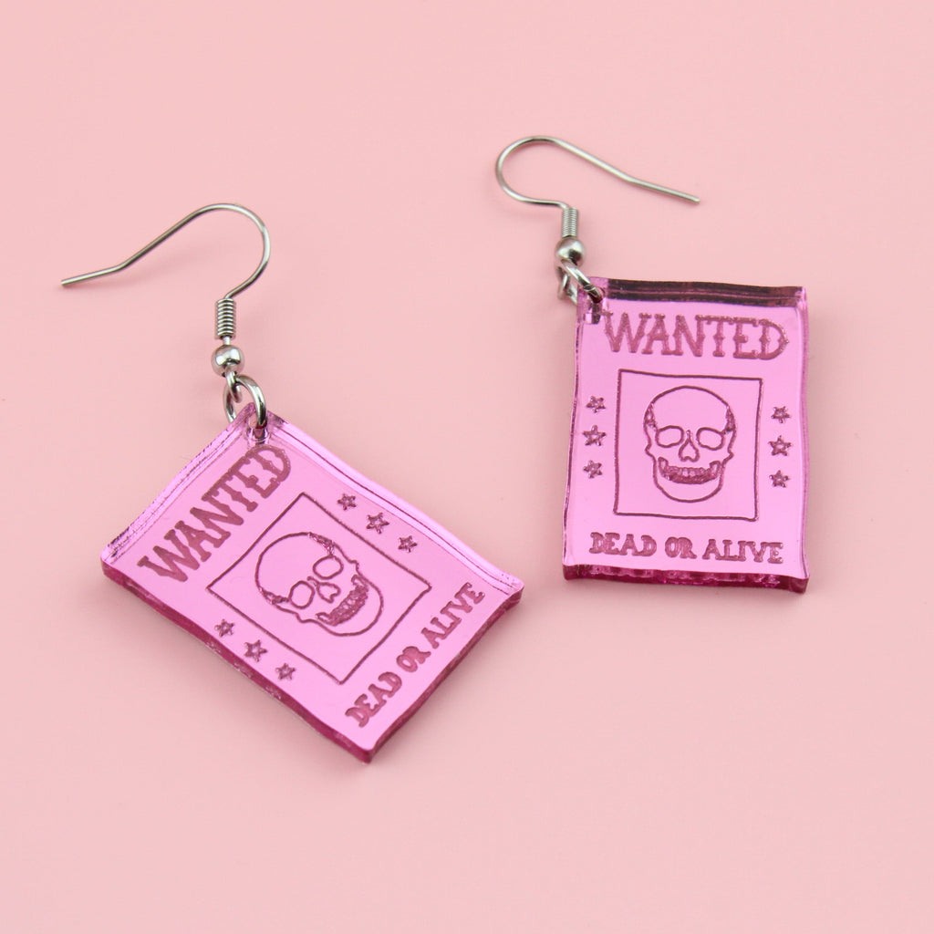 Pink mirror acrylic "Wanted Dead or Alive" charms on stainless steel earwires