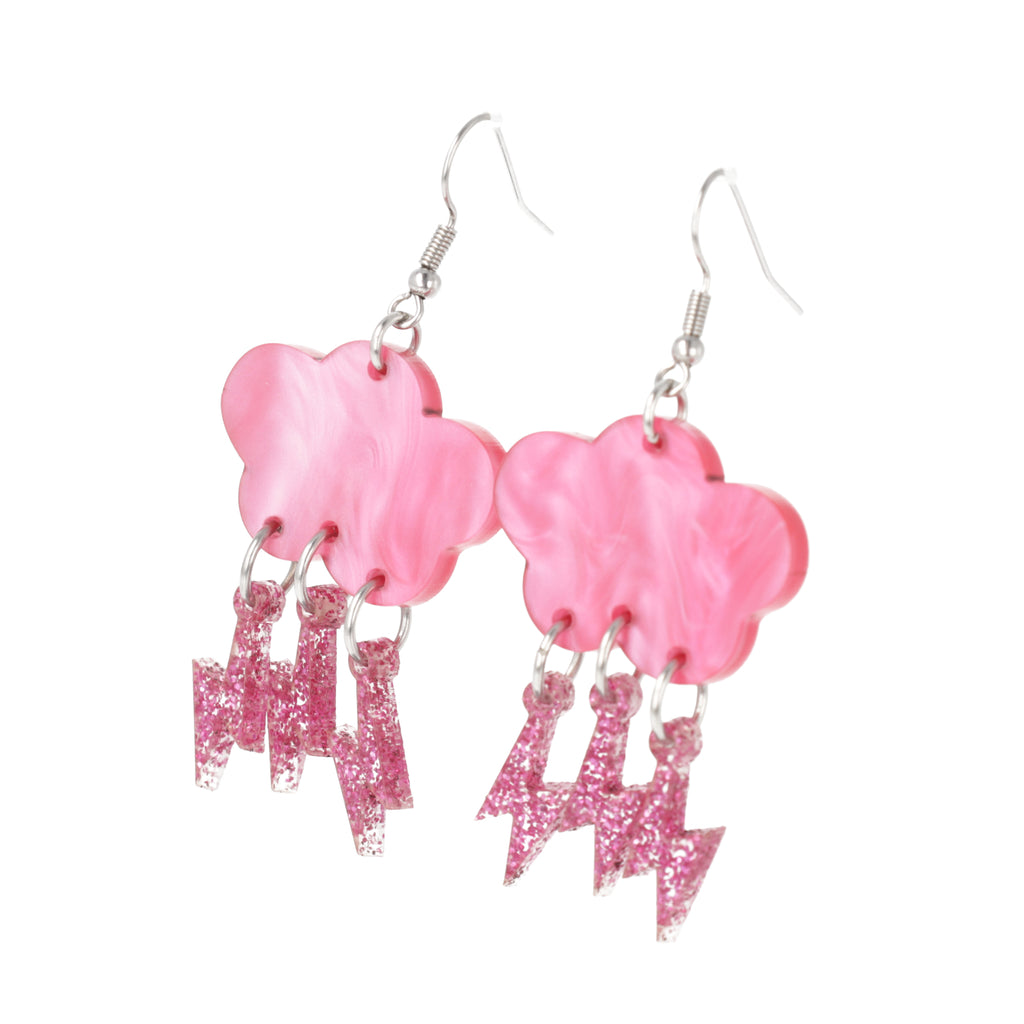 Pink Glitter Acid Lightning Earrings - Sour Cherry