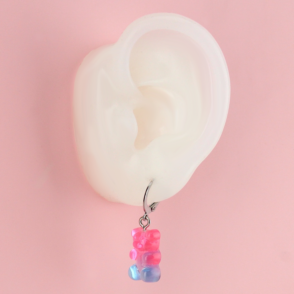 Ear showing Pink and Blue Gummy Bear Earrings