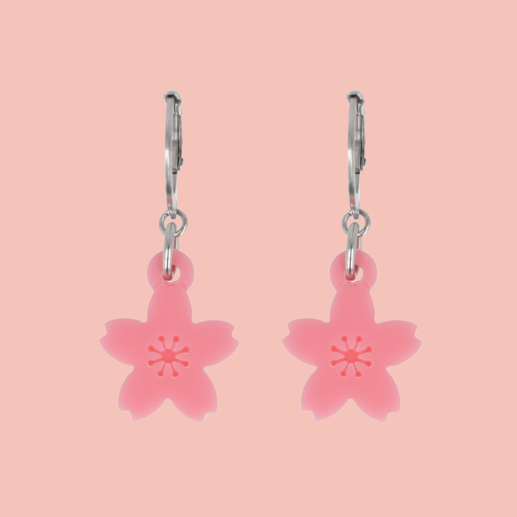 Pink Cherry Blossom Huggie Hoops Earrings - Sour Cherry