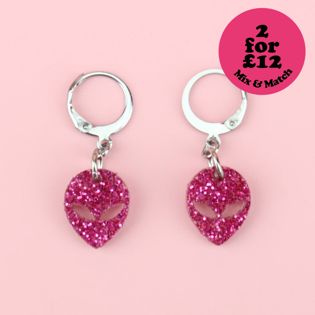 Pink Glitter Alien Hoop Earrings - Sour Cherry