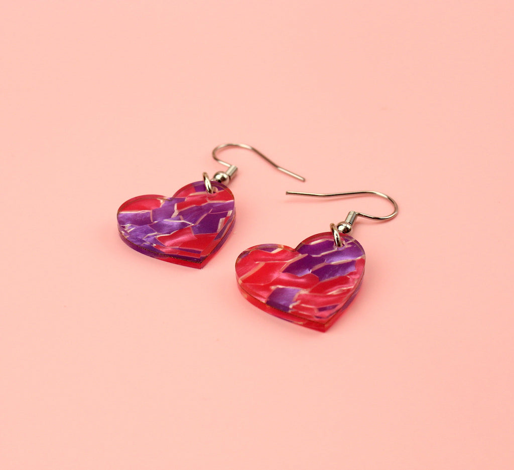 Pink and Purple heart charms made of acrylic sheet on stainless steel earwires