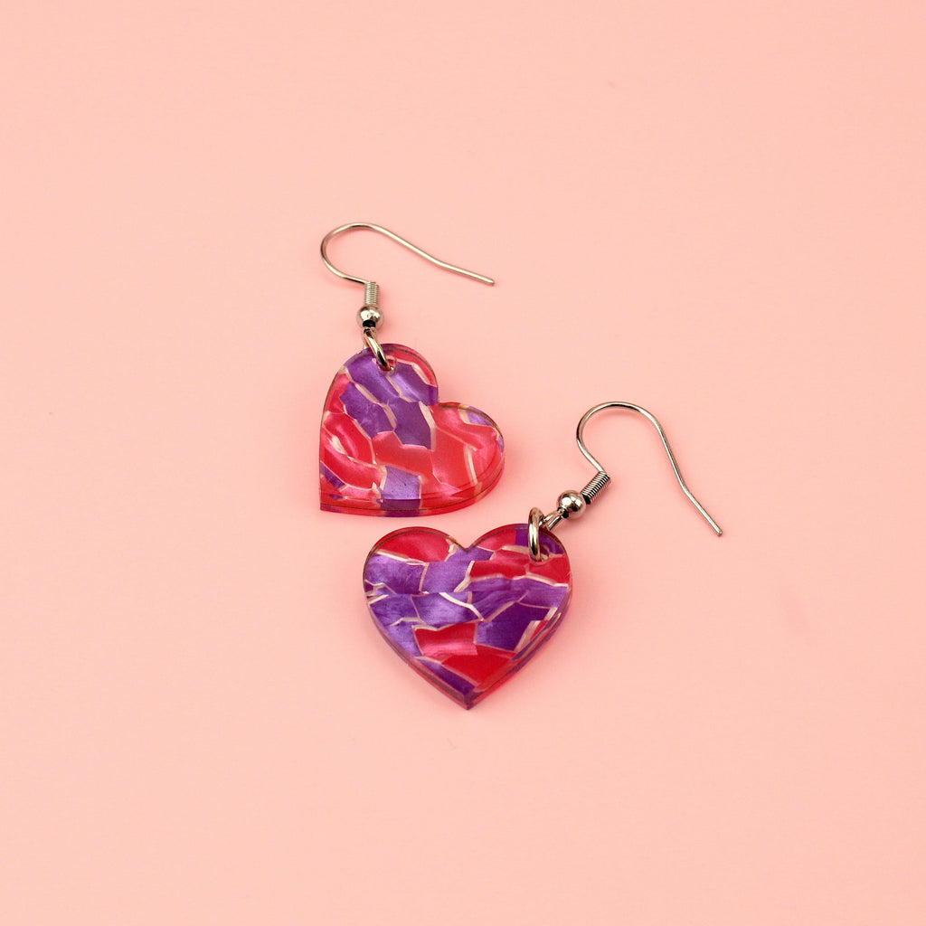 Pink and Purple heart charms made of acrylic sheet on stainless steel earwires