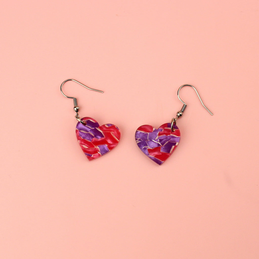 Pink and Purple heart charms made of acrylic sheet on stainless steel earwires
