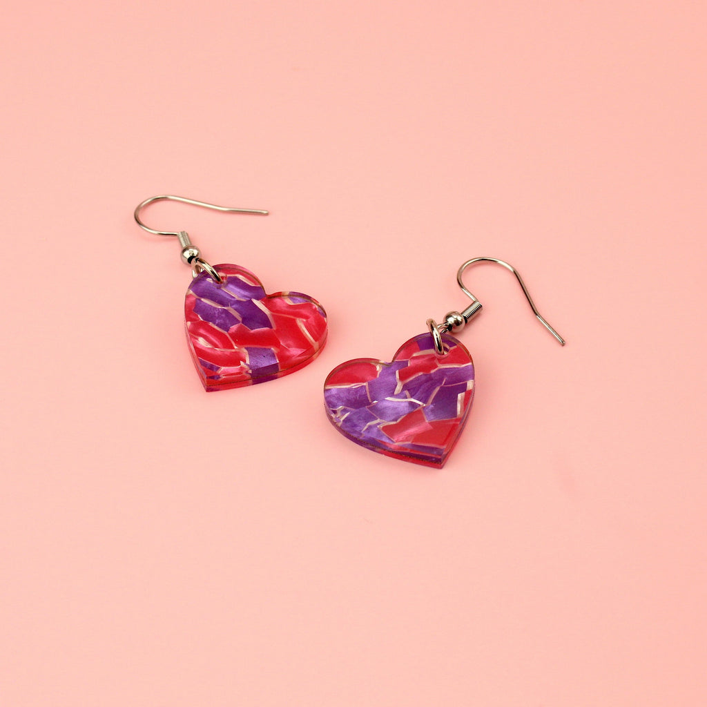Pink and Purple heart charms made of acrylic sheet on stainless steel earwires