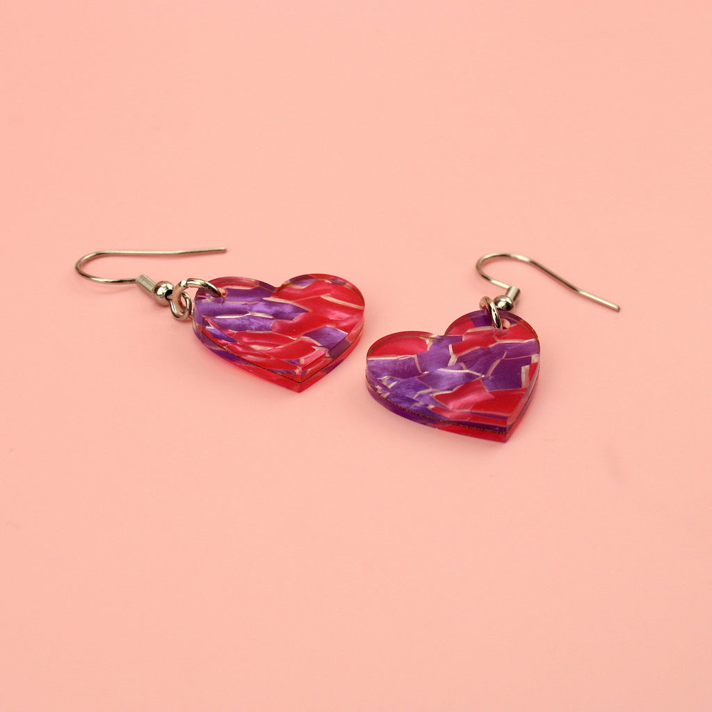 Pink and Purple heart charms made of acrylic sheet on stainless steel earwires