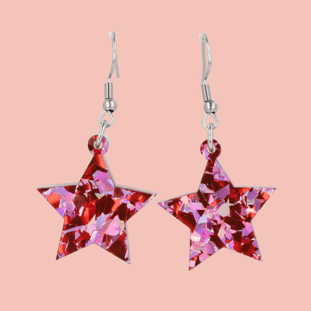 Pink & Red Confetti Star Earrings - Sour Cherry