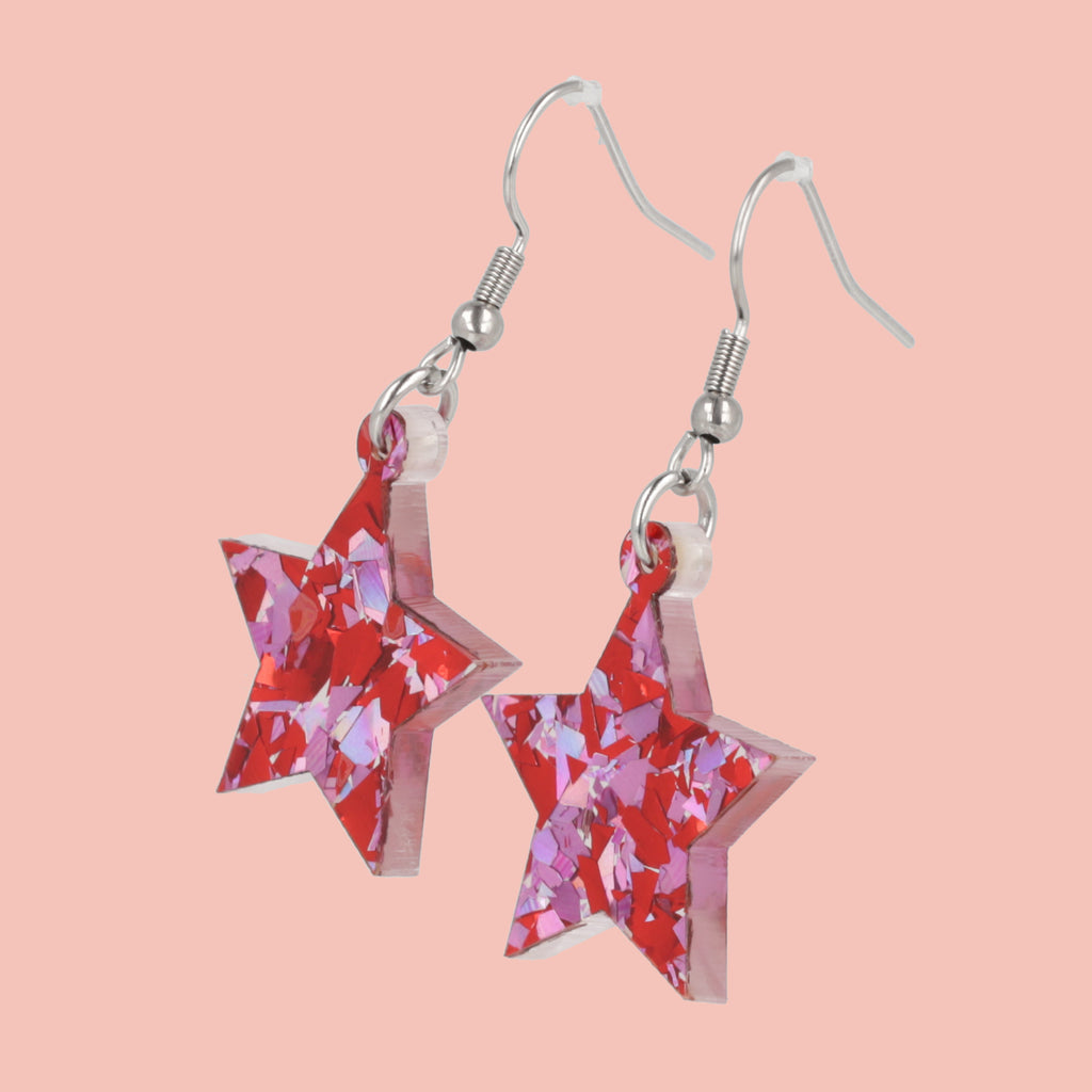 Pink & Red Confetti Star Earrings - Sour Cherry