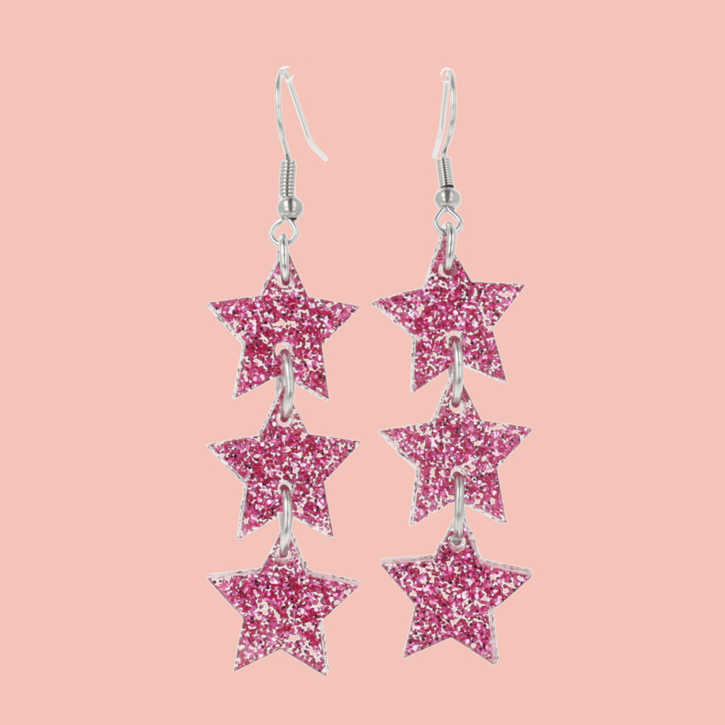 Pink Glitter Star Trio Earrings - Sour Cherry