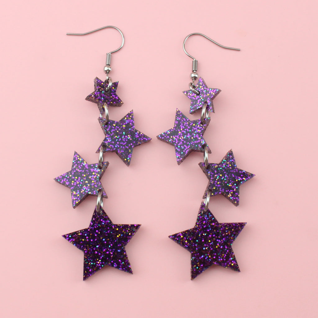 Purple Glitter Cascading Star Drop Earrings - Sour Cherry