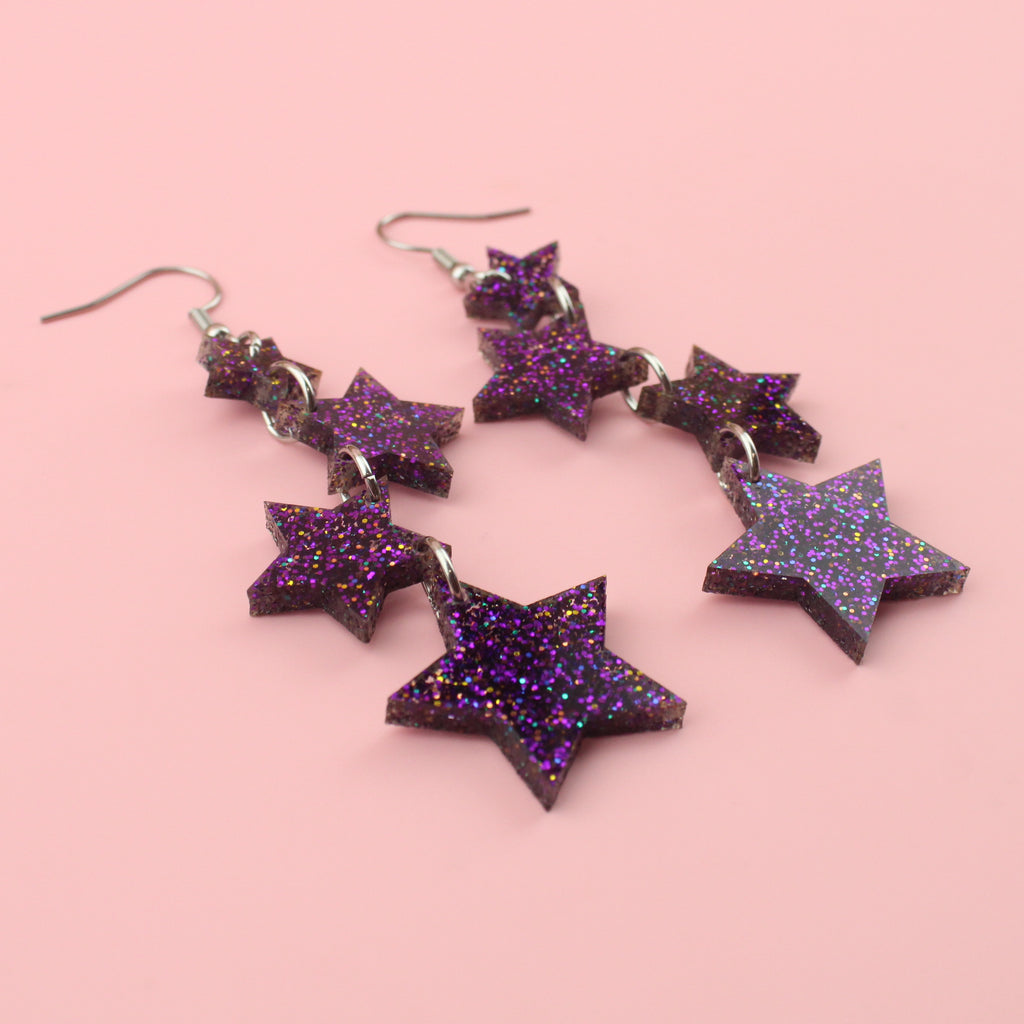 Purple Glitter Cascading Star Drop Earrings - Sour Cherry