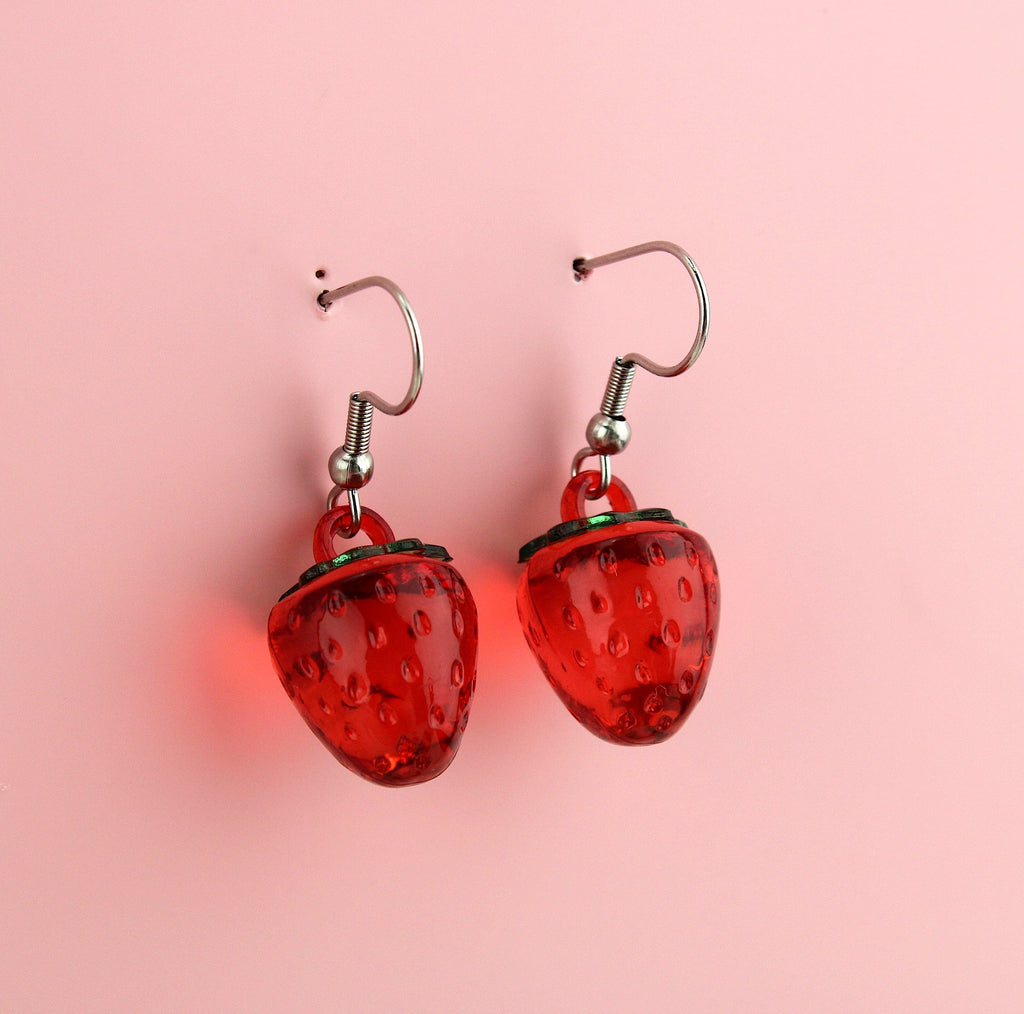 Red clear strawberry charms on stainless steel earwires