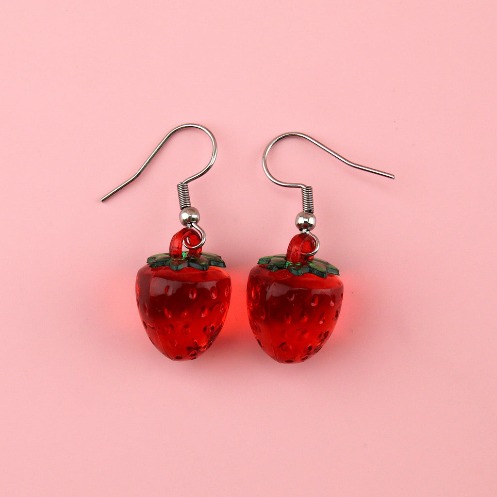 Red clear strawberry charms on stainless steel earwires